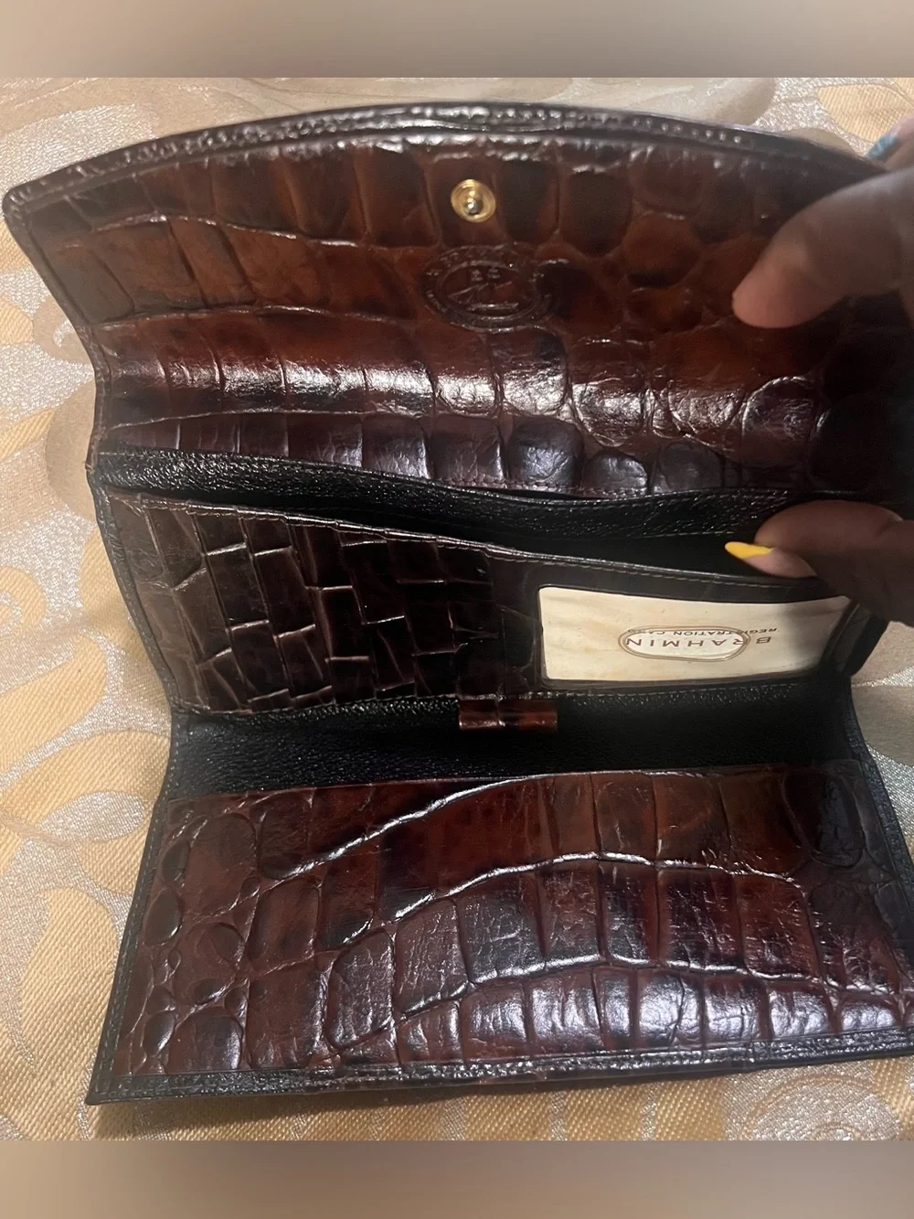 Vintage Brahmin Two-Tone Leather Tri-Fold Checkbook Wallet- Black & Brown Croc